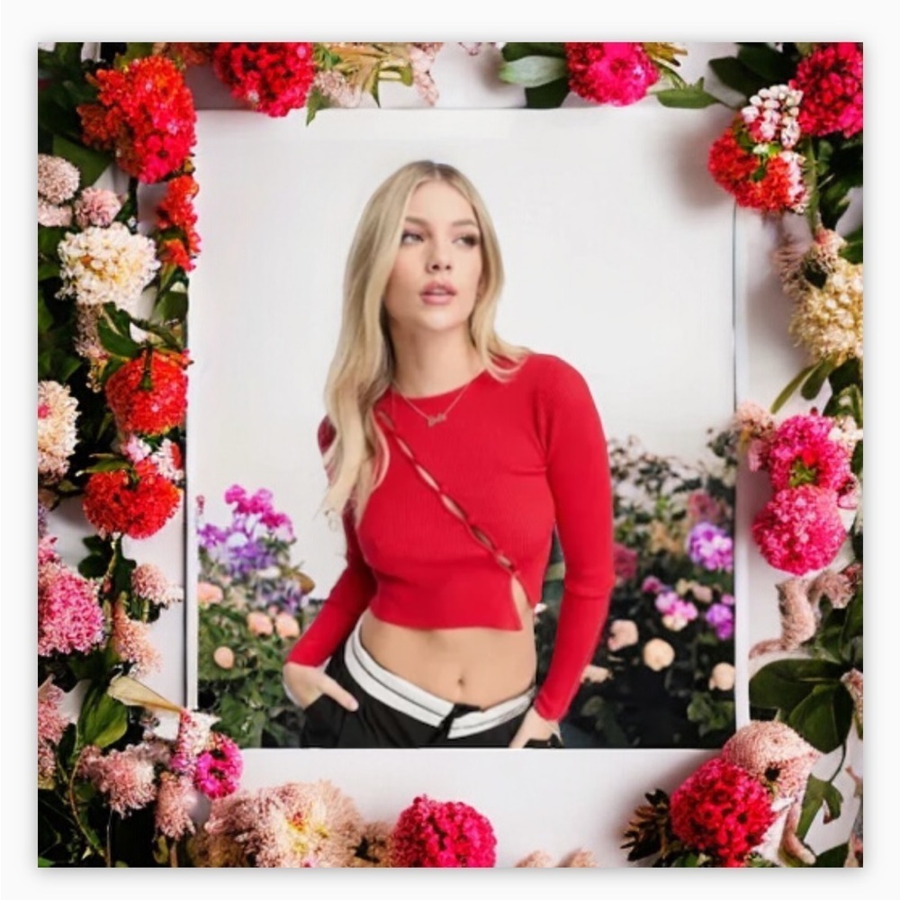 ASOS-Diagonal Lace-Up Long Sleeve Top-Seamless Ribbed Sz M-NWOT-Red-Garage-☀️❤️ - Picture 4 of 9